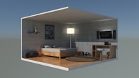 a 3d model of a room with a bed and a desk
